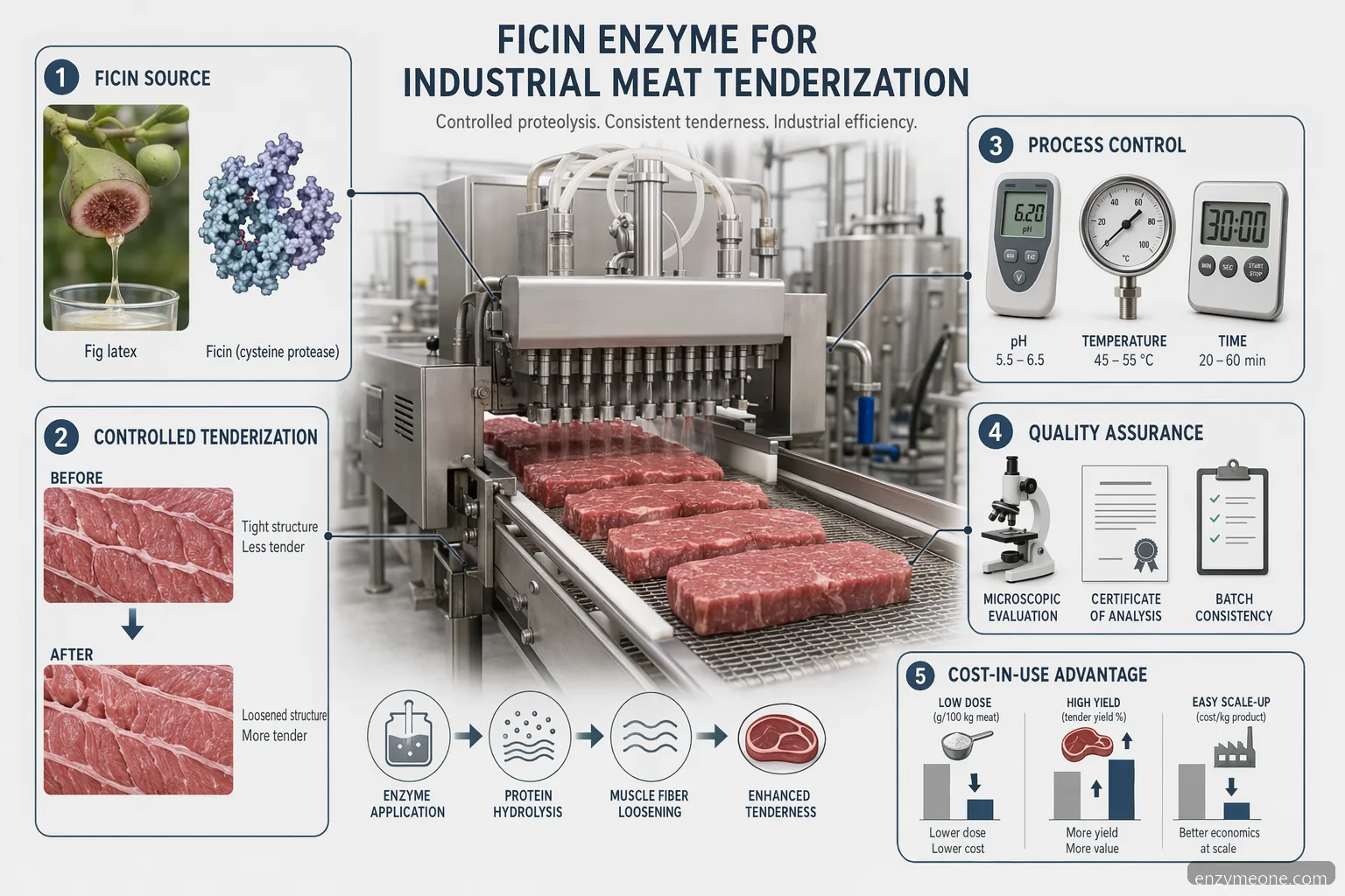 ficin enzyme for industrial meat tenderization infographic with fig protease, process controls, QA, and cost metrics